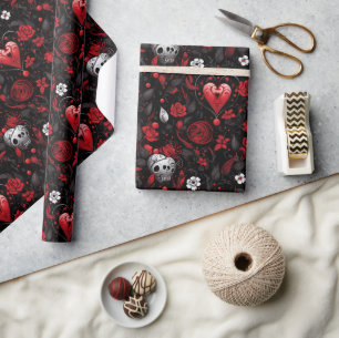Papel De Presente Corações e Rosas Vermelhas Góticos