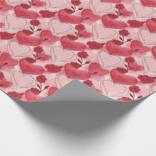 Papel De Presente Corações e Rosas Vermelho Escarlate e Rosa Bege