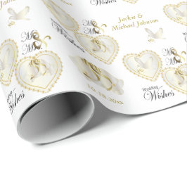 Papel De Presente Corações elegantes do casamento do ouro e da pomba