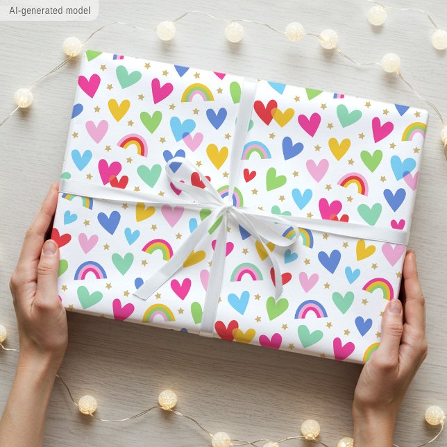Papel De Presente Corações Estrelas Arco-íris Cute Celebração Dia do (Criador carregado)
