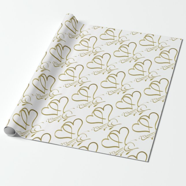 Papel De Presente Corações Eternos Dourado em Branco (Desenrolado)