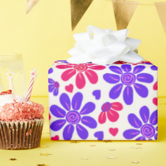 Papel De Presente Corações Florais Glamóricas Rosa e Azul