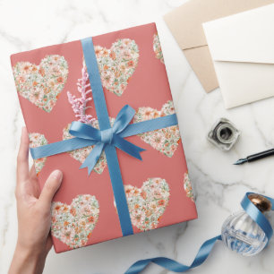 Papel De Presente Corações Florais Vermelho Berries Aniversário