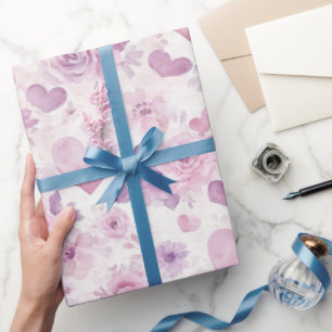 Papel De Presente Corações Flores Roxas Rosa Aniversário