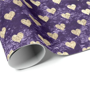 Papel De Presente Corações Foxier Dourado Veludo Violeta Roxo
