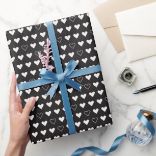Papel De Presente Corações Geométricos Minimalistas Brancos Pretos