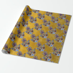 Papel De Presente Corações Hamsa Flores Opala Arte em Ouro