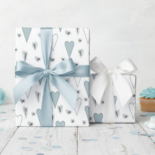Papel De Presente Corações Neutrais de Gênero Branco e Azul Trendy