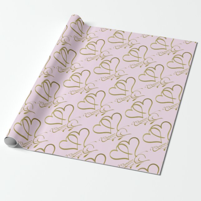 Papel De Presente Corações para Sempre Dourado sobre Rosa (Desenrolado)