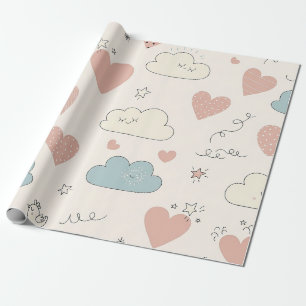 Papel De Presente Corações Pastéis e Nuvens Sonho em Aquarela (10)