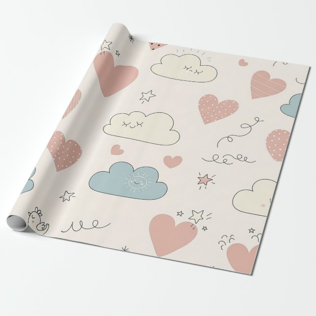 Papel De Presente Corações Pastéis e Nuvens Sonho em Aquarela (10) (Desenrolado)