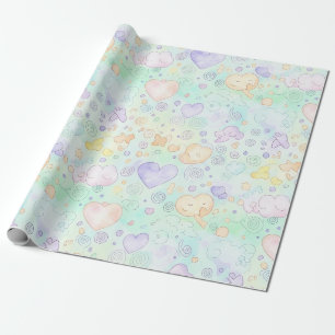 Papel De Presente Corações Pastéis e Nuvens Sonho em Aquarela (2)