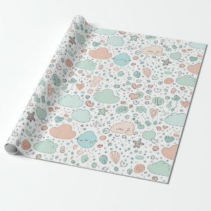 Papel De Presente Corações Pastéis e Nuvens Sonho em Aquarela (3)