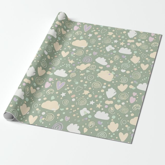 Papel De Presente Corações Pastéis e Nuvens Sonho em Aquarela (4) (Desenrolado)