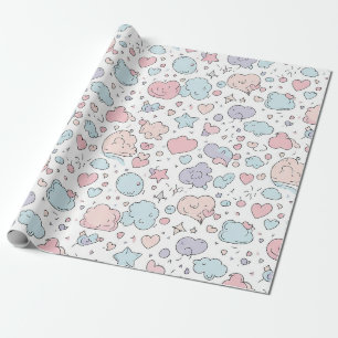 Papel De Presente Corações Pastéis e Nuvens Sonho em Aquarela (5)