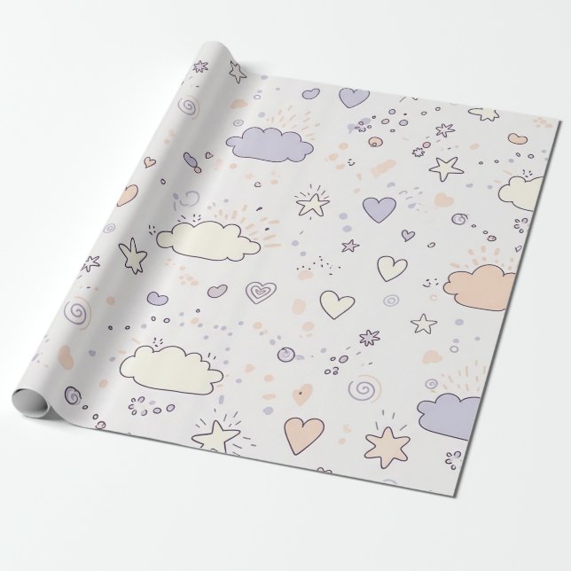 Papel De Presente Corações Pastéis e Nuvens Sonho em Aquarela (7) (Desenrolado)