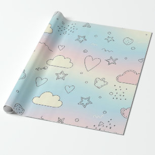 Papel De Presente Corações Pastéis e Nuvens Sonho em Aquarela (8)