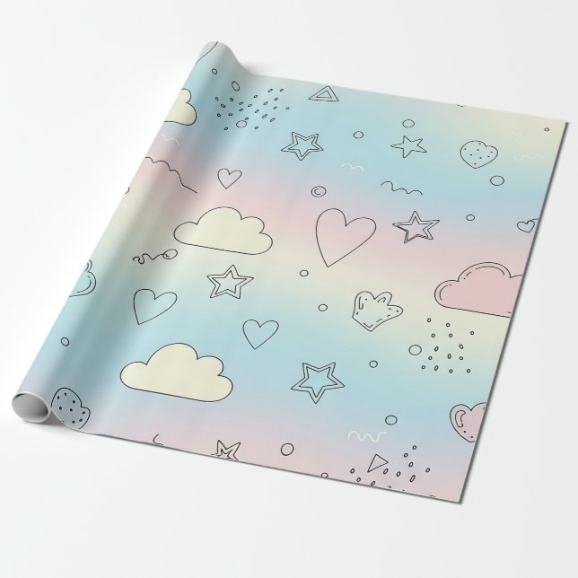 Papel De Presente Corações Pastéis e Nuvens Sonho em Aquarela (8) (Desenrolado)