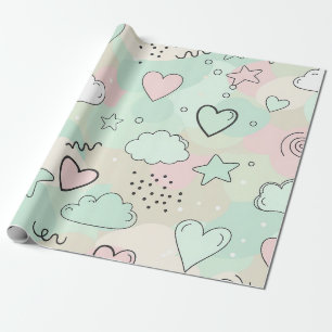Papel De Presente Corações Pastéis e Nuvens Sonho em Aquarela (9)