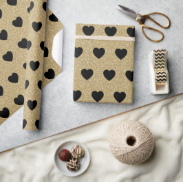 Papel De Presente Corações Pretos, Glitter Dourado Estipula