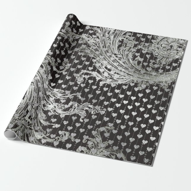 Papel De Presente Corações Reais Negros Cinza Barroco de Corações Pr (Desenrolado)