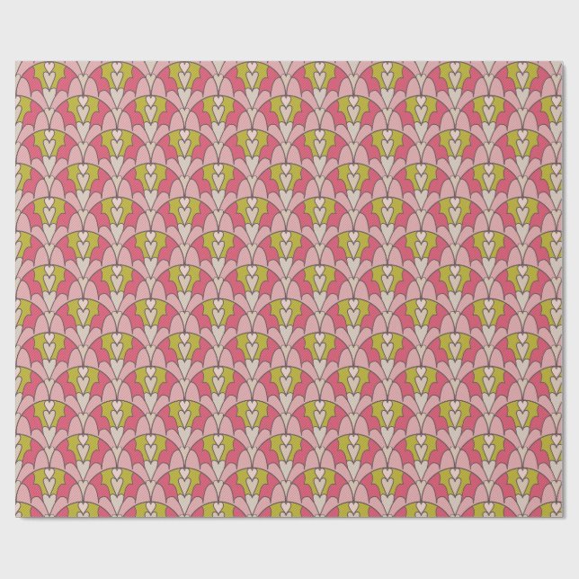 Papel De Presente Corações rendilhados rosa e verde (Aberto)