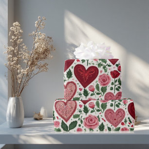 Papel De Presente Corações Românticos Encontram Elegância Botânica R