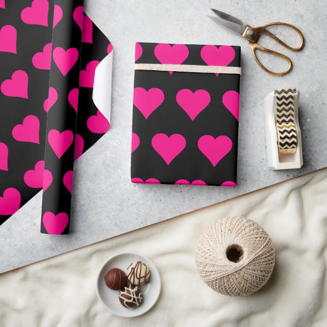 Papel De Presente Corações Rosa em Fundo Negro (Artesanato)