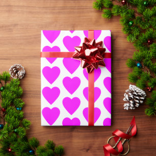 Papel De Presente Corações Rosa Magenta em Branco