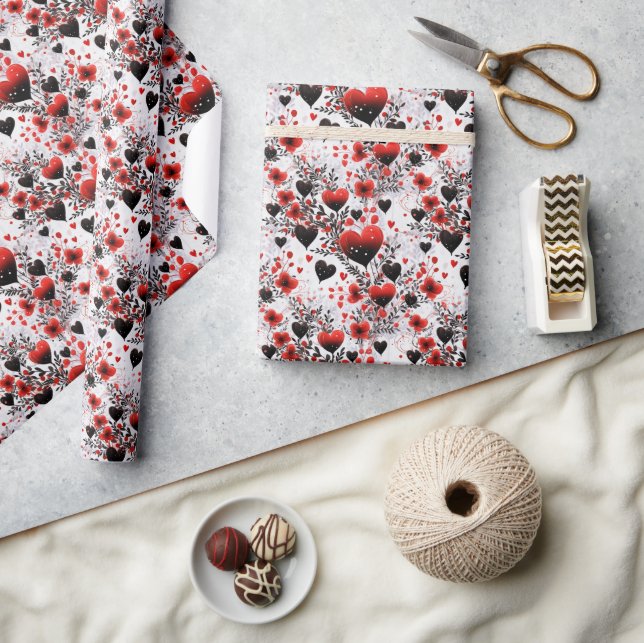 Papel De Presente Corações Vermelho e Negro com Elementos Florais (Artesanato)