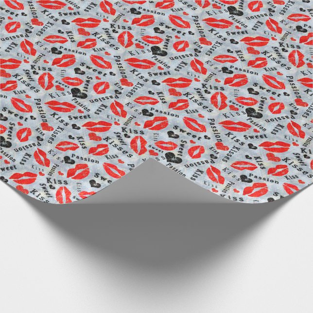 Papel De Presente Corações, vermelho, preto, impressões de lábios, b (Ponta)
