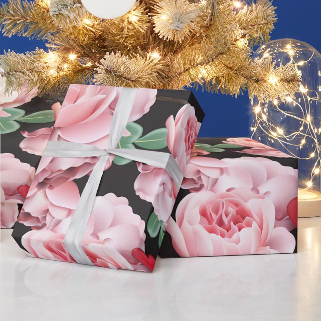 Papel De Presente Corações Vermelhos (Pink Roses Wrapping Paper with Red Hearts!)