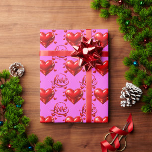 Papel De Presente Corações Vermelhos Brilhantes e Rotulo de Amor Env