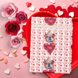 Papel De Presente Corações Vermelhos Buldogue Inglês Amante de Cacho