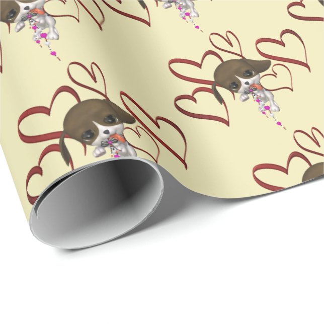 Papel De Presente Corações Vermelhos Cachorros    (Ponta do rolo)