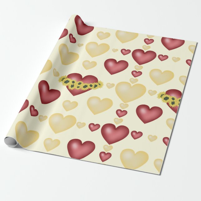 Papel De Presente Corações vermelhos e amarelos e girassóis (Desenrolado)