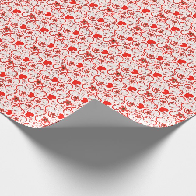 Papel De Presente Corações vermelhos e flores em branco (Ponta)