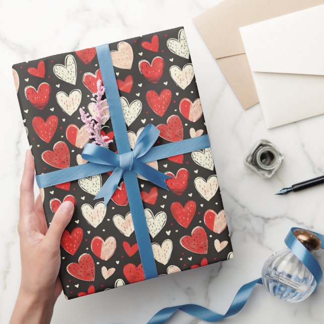 Papel De Presente Corações Vermelhos e Marfim no Preto (Presentear)