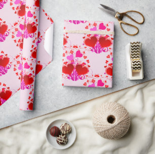 Papel De Presente Corações Vermelhos e Rosas Bonitos Dia dos Namorad