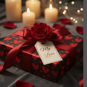 Papel De Presente Corações Vermelhos em Romântico Preto