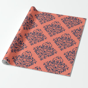 Papel De Presente Coral, Azul Marinho e Damask Vintage Prata