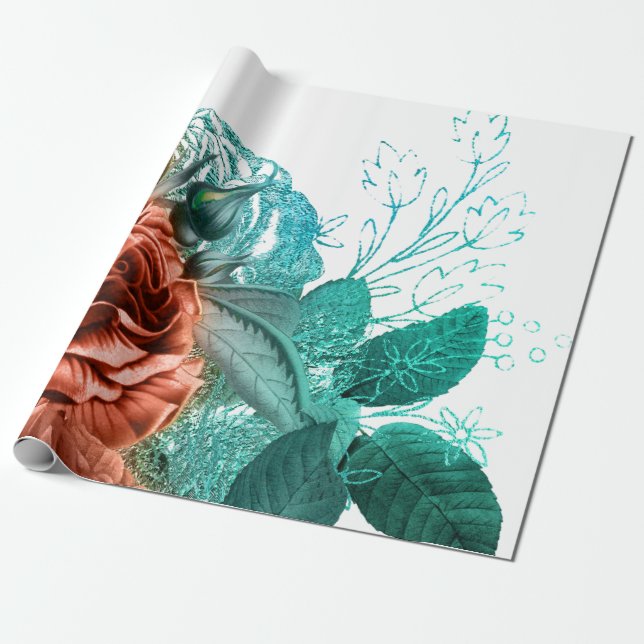 Papel De Presente Coral e Turquoise Floral (Desenrolado)