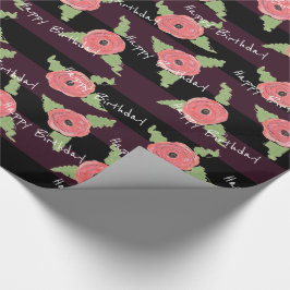 Papel De Presente Coral Flor Feliz Aniversário Negro e Framboesa