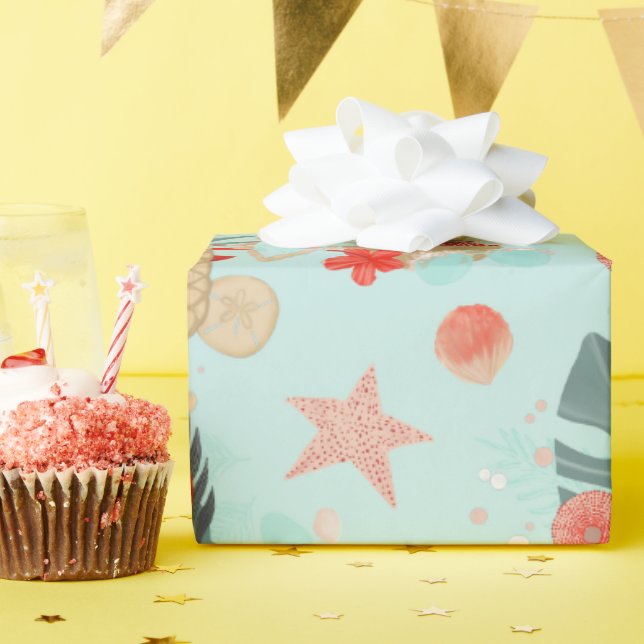 Papel De Presente Coral Red e Mint Beach Pattern (Festa de aniversário)