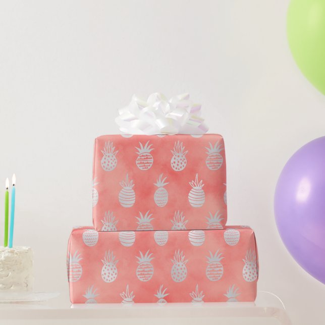 Papel De Presente Coral & Silver Abacaxi | Tropical Luxo de Verão (Presentes para festas)