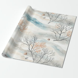 Papel De Presente Coral Texturizado em Aquarela em Laranja e Azul-ar
