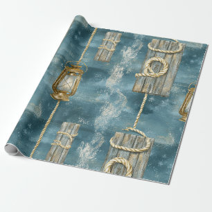 Papel De Presente Corda de Lanterna Náutica Padrão Azul Costeiro (1)