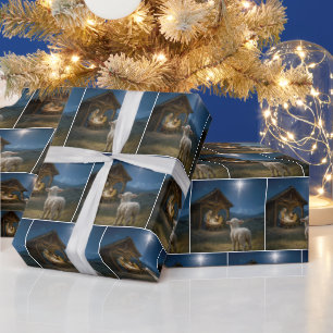 Papel De Presente Cordeiro de Natal Observando o Presépio