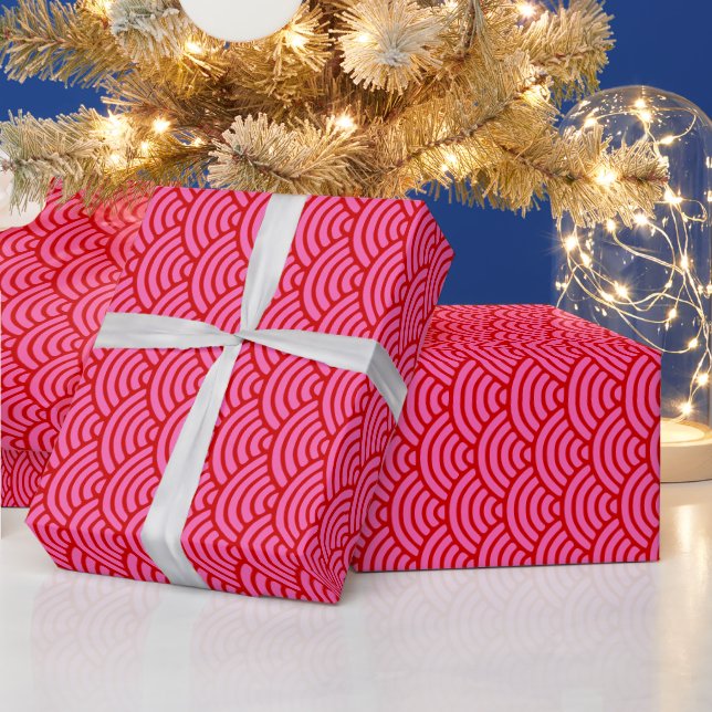 Papel De Presente Cores DIY Ondas Japonês Seigaiha Rosa Vermelho Que (Feriados)