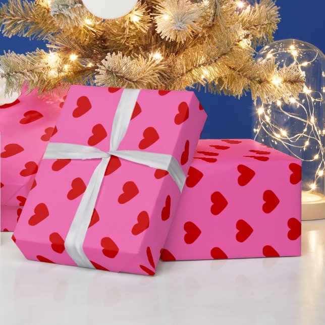 Papel De Presente Cores DIY Padrão Corações Rosa Quente Vermelho (Feriados)